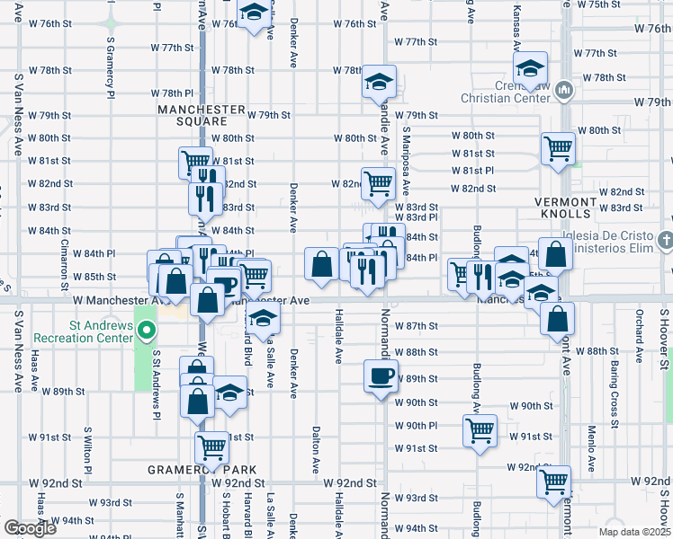 map of restaurants, bars, coffee shops, grocery stores, and more near 1503 West 85th Street in Los Angeles