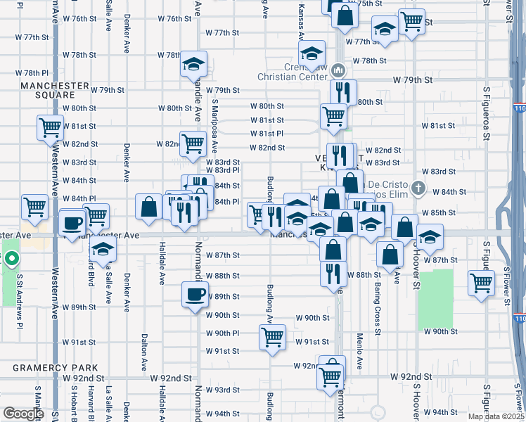 map of restaurants, bars, coffee shops, grocery stores, and more near 1211 West 85th Street in Los Angeles