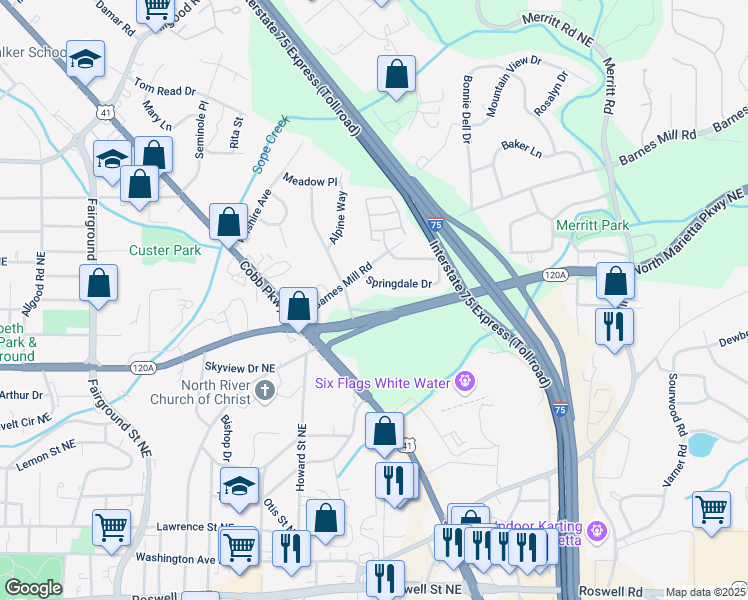 map of restaurants, bars, coffee shops, grocery stores, and more near 928 Springdale Drive in Marietta