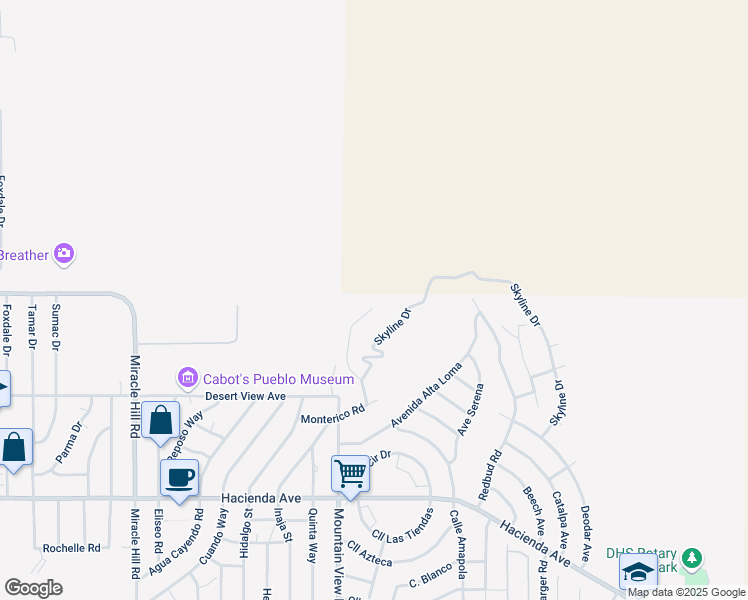 map of restaurants, bars, coffee shops, grocery stores, and more near 12025 Highland Avenue in Desert Hot Springs