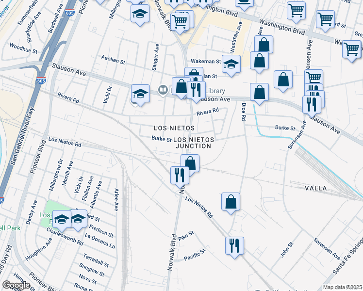 map of restaurants, bars, coffee shops, grocery stores, and more near 11544 Burke Street in Whittier