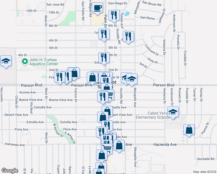 map of restaurants, bars, coffee shops, grocery stores, and more near 66565 Pierson Boulevard in Desert Hot Springs