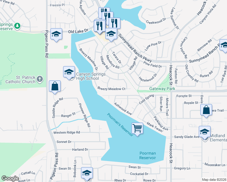map of restaurants, bars, coffee shops, grocery stores, and more near 10970 Grass Valley Circle in Moreno Valley