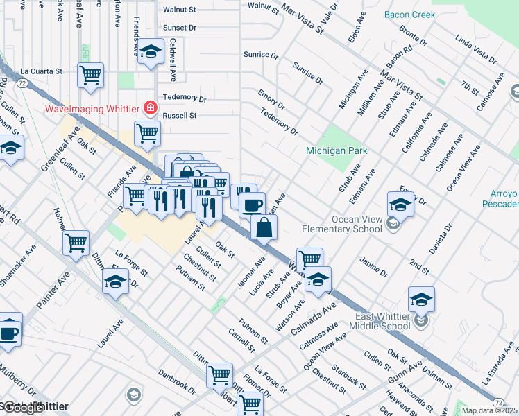 map of restaurants, bars, coffee shops, grocery stores, and more near 13902 High Street in Whittier