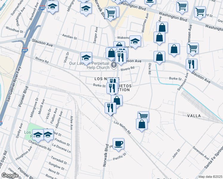 map of restaurants, bars, coffee shops, grocery stores, and more near 8723 Norwalk Boulevard in Whittier