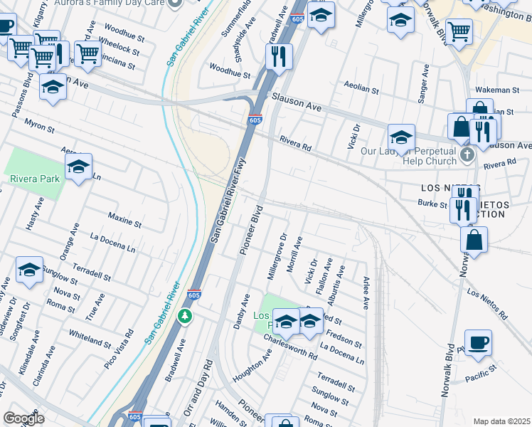 map of restaurants, bars, coffee shops, grocery stores, and more near in Santa Fe Springs