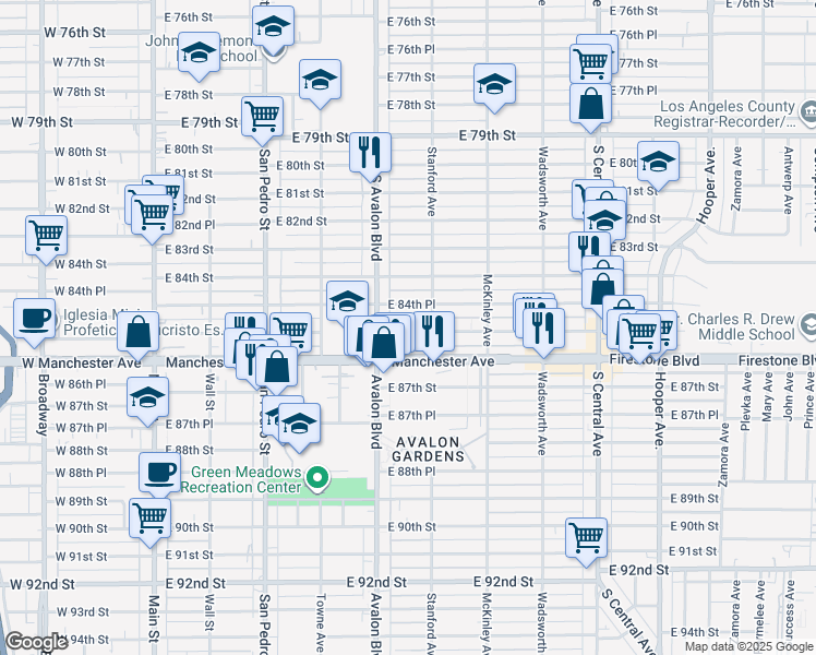 map of restaurants, bars, coffee shops, grocery stores, and more near 617 East 85th Street in Los Angeles