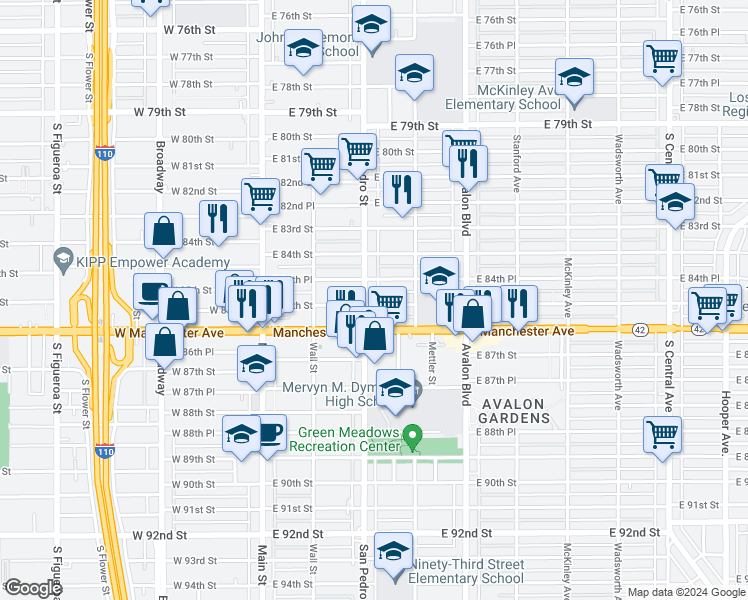map of restaurants, bars, coffee shops, grocery stores, and more near 8466 San Pedro Street in Los Angeles