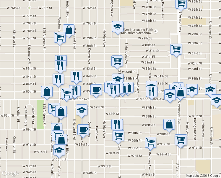 map of restaurants, bars, coffee shops, grocery stores, and more near 1448 West 84th Place in Los Angeles
