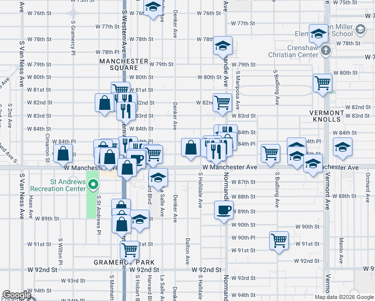 map of restaurants, bars, coffee shops, grocery stores, and more near 1526 West 84th Place in Los Angeles