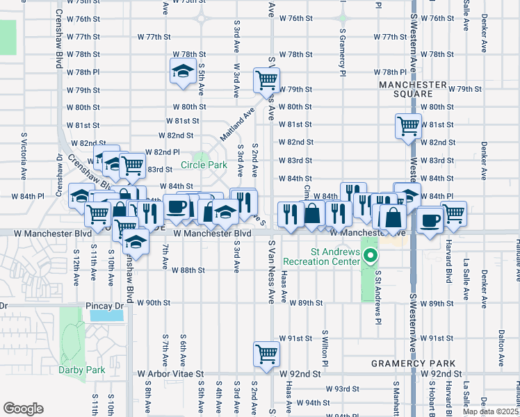 map of restaurants, bars, coffee shops, grocery stores, and more near 8406 1/2 South 2nd Avenue in Inglewood