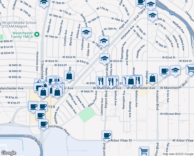 map of restaurants, bars, coffee shops, grocery stores, and more near 8407 Wiley Post Avenue in Los Angeles