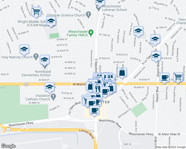 map of restaurants, bars, coffee shops, grocery stores, and more near 8501 South Sepulveda Boulevard in Los Angeles