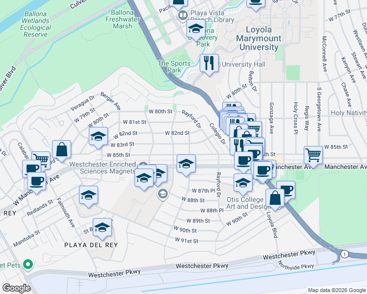 map of restaurants, bars, coffee shops, grocery stores, and more near 7371 West 83rd Street in Los Angeles