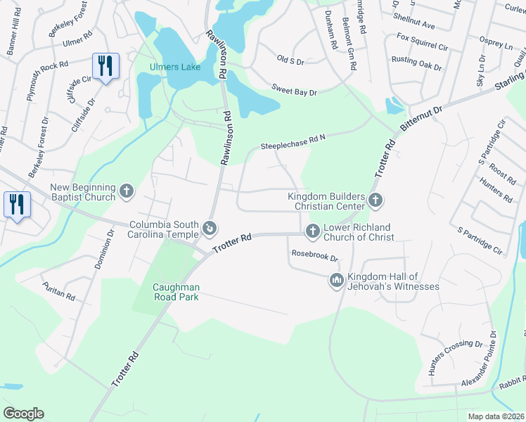 map of restaurants, bars, coffee shops, grocery stores, and more near 113 Steeplechase Road South in Columbia