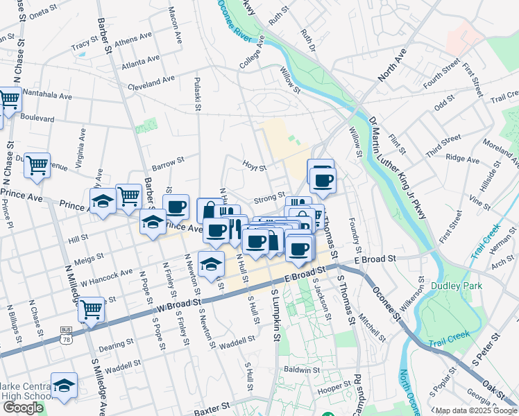 map of restaurants, bars, coffee shops, grocery stores, and more near 165 East Dougherty Street in Athens