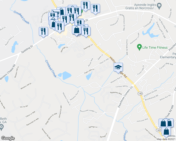 map of restaurants, bars, coffee shops, grocery stores, and more near 201 Plant Drive Northwest in Norcross