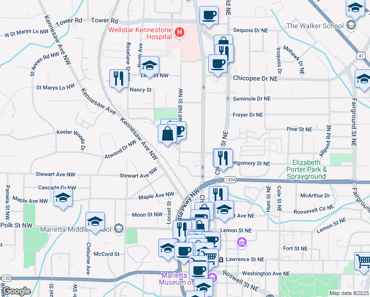 map of restaurants, bars, coffee shops, grocery stores, and more near 30 Sessions Street Northwest in Marietta