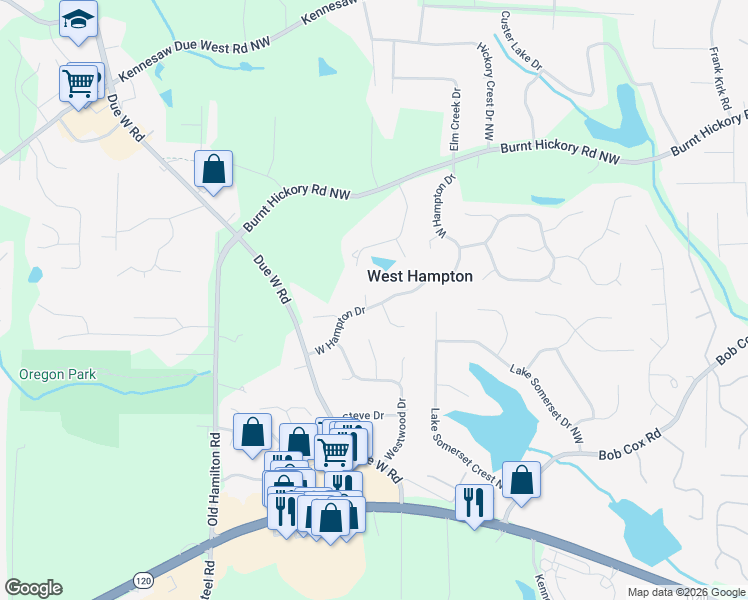 map of restaurants, bars, coffee shops, grocery stores, and more near 3562 West Hampton Drive in Marietta