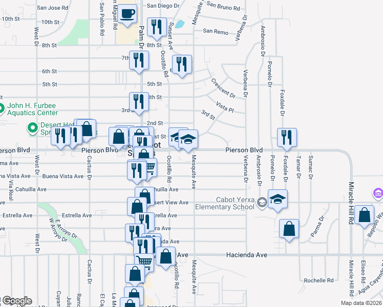 map of restaurants, bars, coffee shops, grocery stores, and more near 66735 Pierson Boulevard in Desert Hot Springs