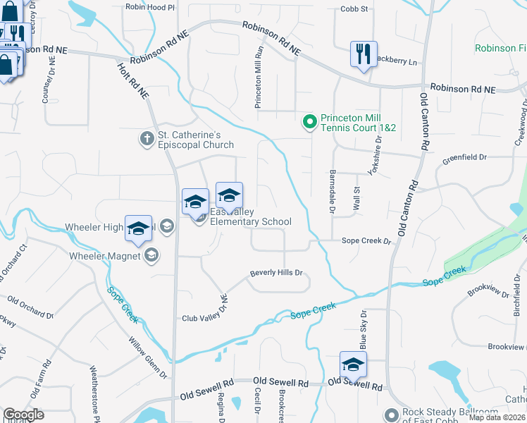 map of restaurants, bars, coffee shops, grocery stores, and more near 2760 Lawrence Mill Run in Marietta