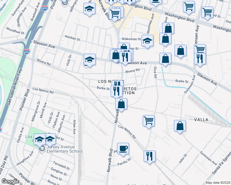 map of restaurants, bars, coffee shops, grocery stores, and more near 11544 Burke Street in Whittier