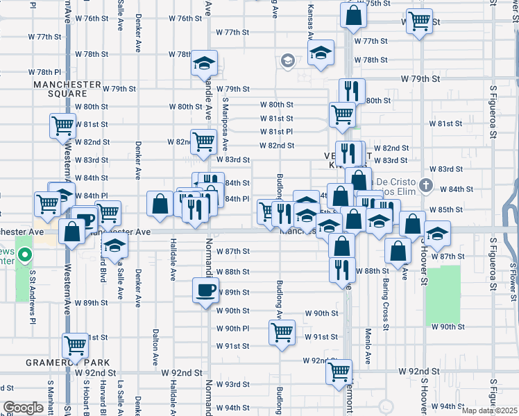 map of restaurants, bars, coffee shops, grocery stores, and more near 1244 West 84th Place in Los Angeles