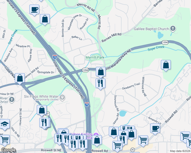 map of restaurants, bars, coffee shops, grocery stores, and more near 426 Lakeview Drive in Marietta
