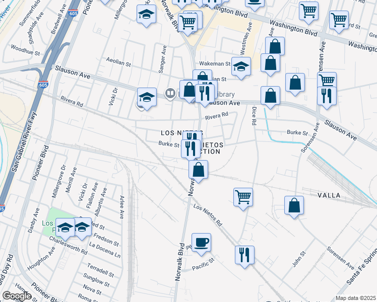 map of restaurants, bars, coffee shops, grocery stores, and more near 11544 Burke Street in Whittier