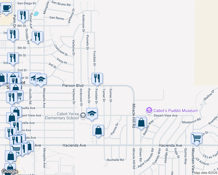 map of restaurants, bars, coffee shops, grocery stores, and more near 67285 Pierson Boulevard in Desert Hot Springs