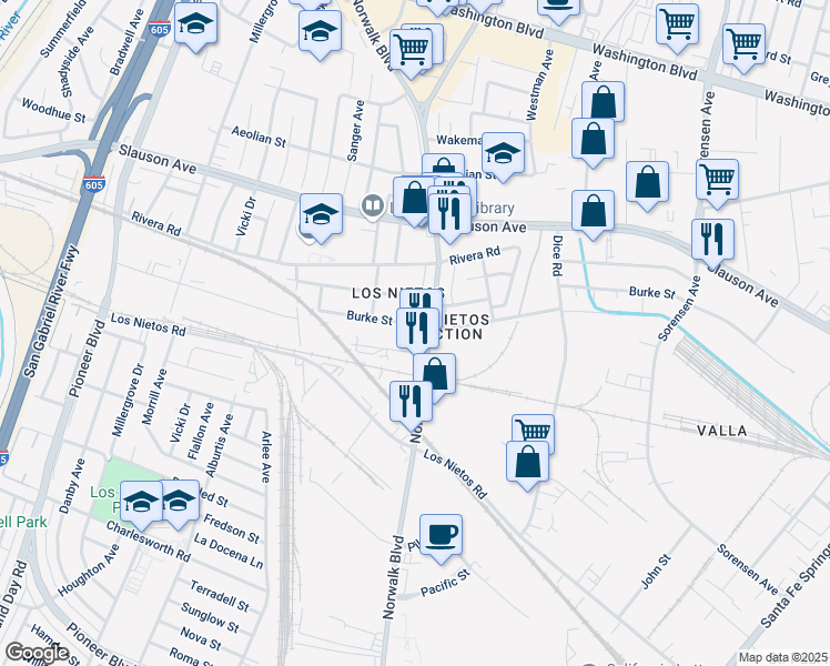 map of restaurants, bars, coffee shops, grocery stores, and more near 11548 Burke Street in Whittier