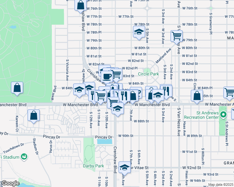 map of restaurants, bars, coffee shops, grocery stores, and more near 3010 West 84th Place in Inglewood