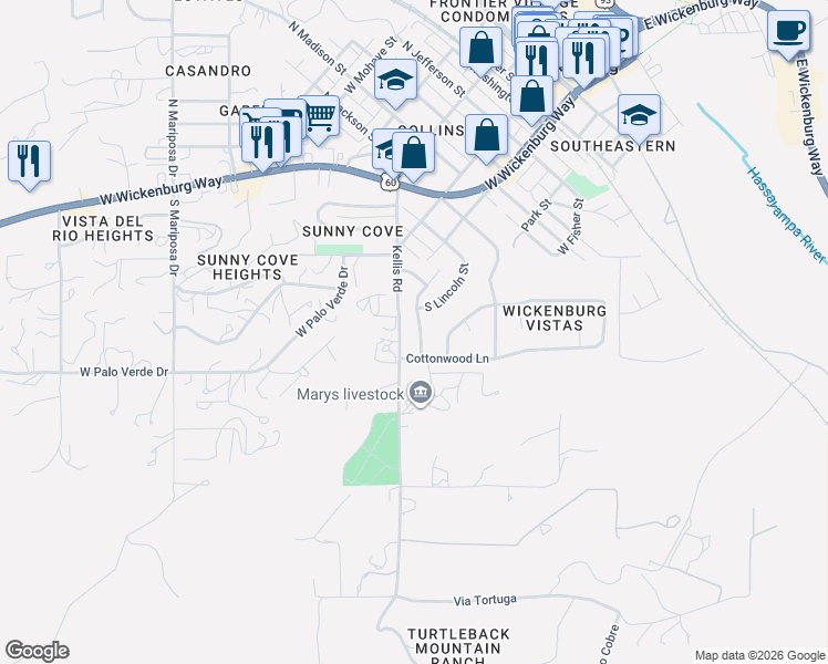 map of restaurants, bars, coffee shops, grocery stores, and more near 635 Kellis Road in Wickenburg
