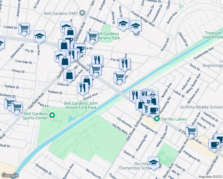 map of restaurants, bars, coffee shops, grocery stores, and more near 6705 Clara Street in Bell Gardens