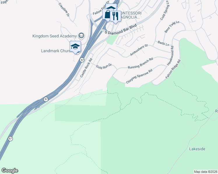 map of restaurants, bars, coffee shops, grocery stores, and more near 20920 Running Branch Road in Diamond Bar