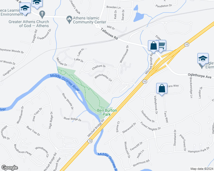 map of restaurants, bars, coffee shops, grocery stores, and more near 283 Westchester Circle in Athens