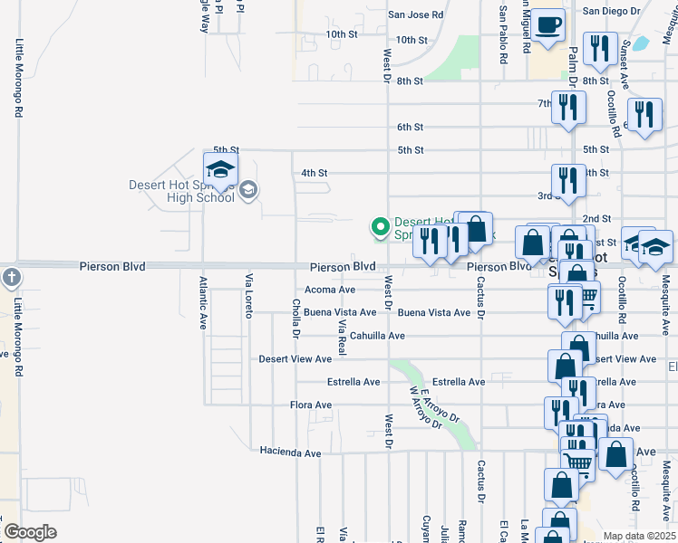 map of restaurants, bars, coffee shops, grocery stores, and more near 65861 Pierson Boulevard in Desert Hot Springs