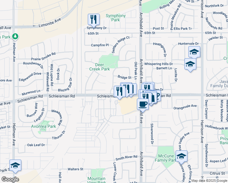 map of restaurants, bars, coffee shops, grocery stores, and more near 14373 Florence Street in Corona