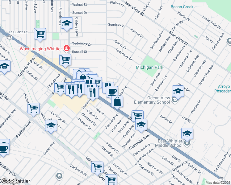 map of restaurants, bars, coffee shops, grocery stores, and more near in Whittier