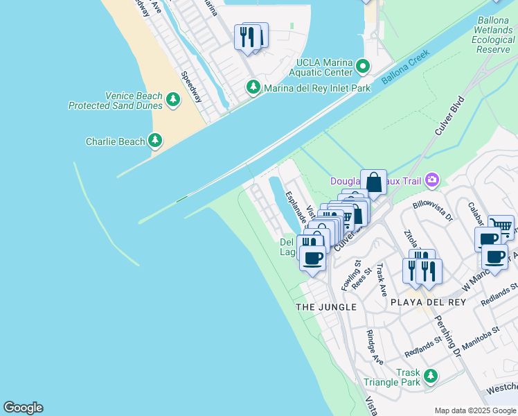 map of restaurants, bars, coffee shops, grocery stores, and more near 6309 Ocean Front Walk in Los Angeles