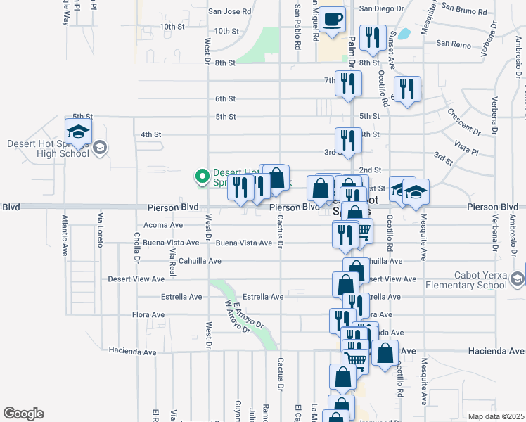 map of restaurants, bars, coffee shops, grocery stores, and more near 66201 Pierson Boulevard in Desert Hot Springs
