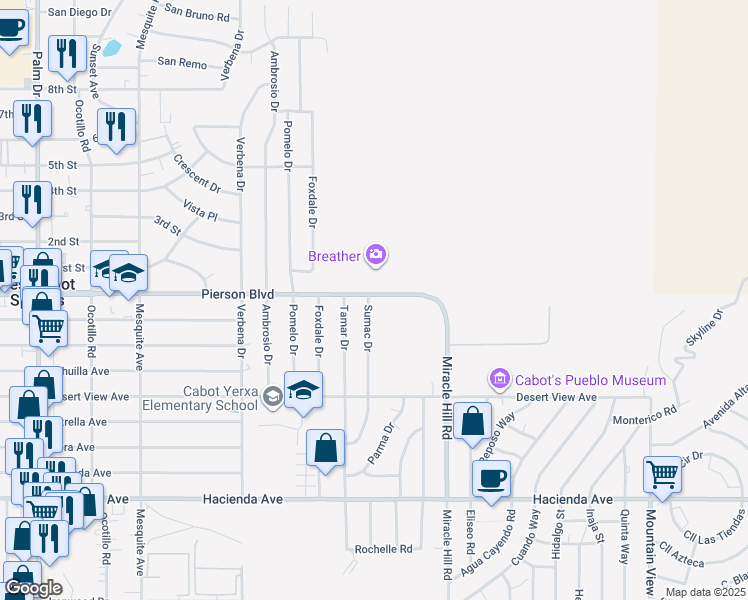 map of restaurants, bars, coffee shops, grocery stores, and more near 12030 Sumac Drive in Desert Hot Springs