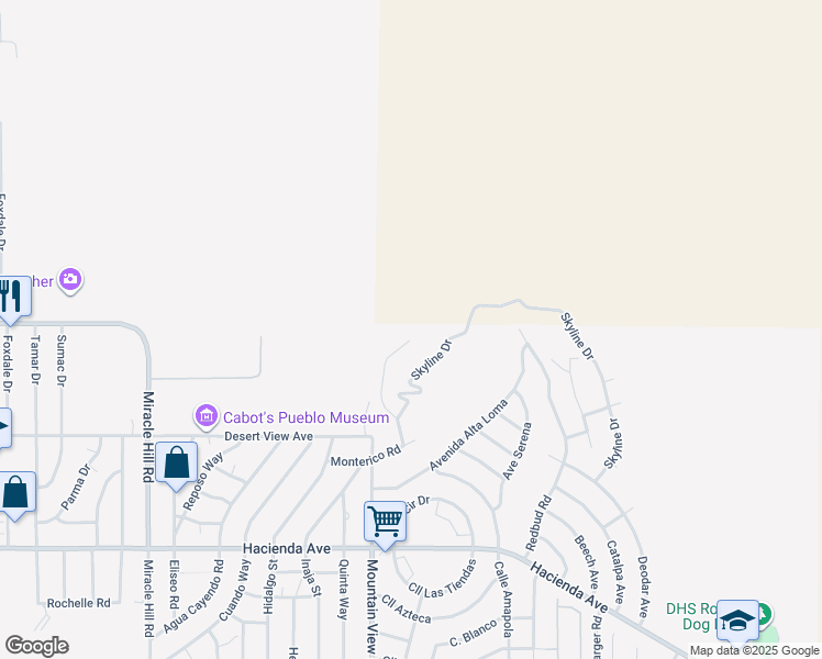 map of restaurants, bars, coffee shops, grocery stores, and more near 12025 Highland Avenue in Desert Hot Springs