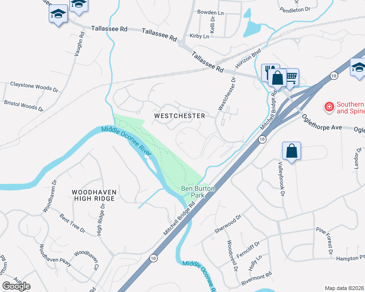 map of restaurants, bars, coffee shops, grocery stores, and more near 205 Westchester Circle in Athens
