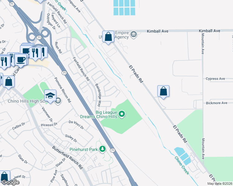 map of restaurants, bars, coffee shops, grocery stores, and more near 5795 Milgrove Way in Chino Hills