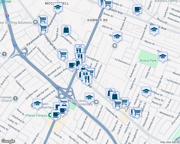 map of restaurants, bars, coffee shops, grocery stores, and more near 8509 Cravell Avenue in Pico Rivera