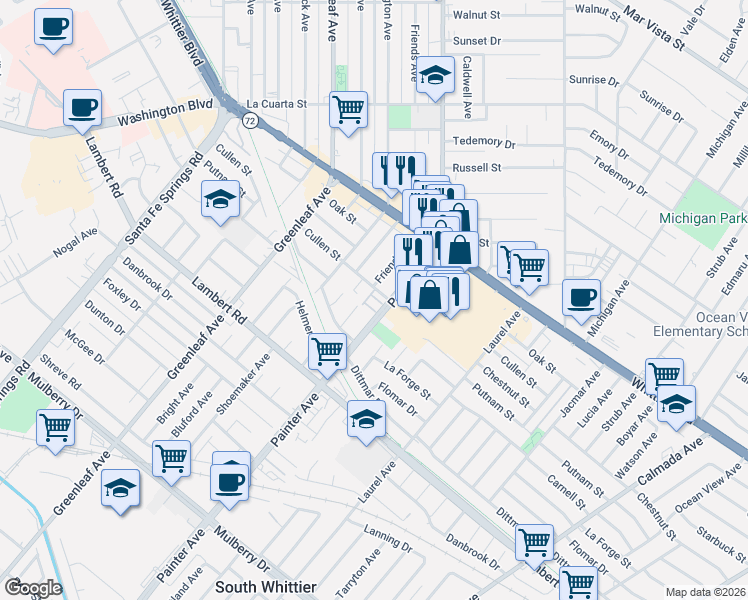map of restaurants, bars, coffee shops, grocery stores, and more near 8443 Painter Avenue in Whittier
