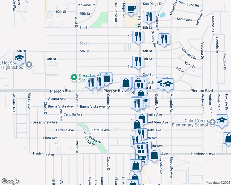 map of restaurants, bars, coffee shops, grocery stores, and more near 66309 Pierson Boulevard in Desert Hot Springs