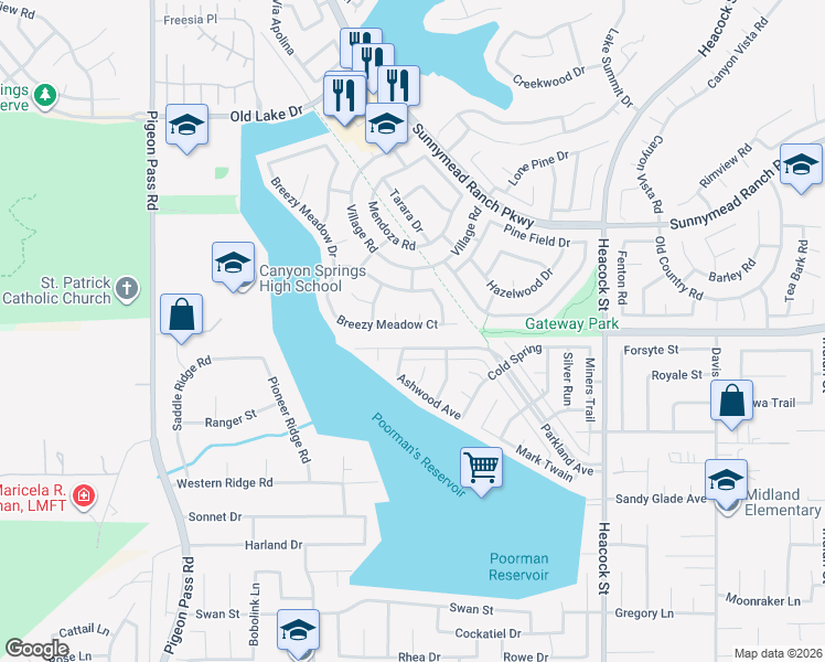 map of restaurants, bars, coffee shops, grocery stores, and more near 23633 Breezy Meadow Court in Moreno Valley