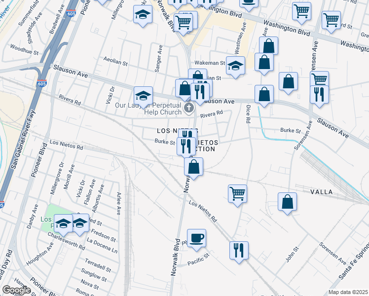 map of restaurants, bars, coffee shops, grocery stores, and more near 8723 Norwalk Boulevard in Whittier